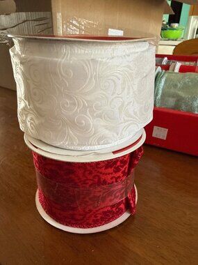 Set of 2 White & Red Wired Ribbon Rolls 2.5" x 20 Polyester Elegant Swirl & Velv